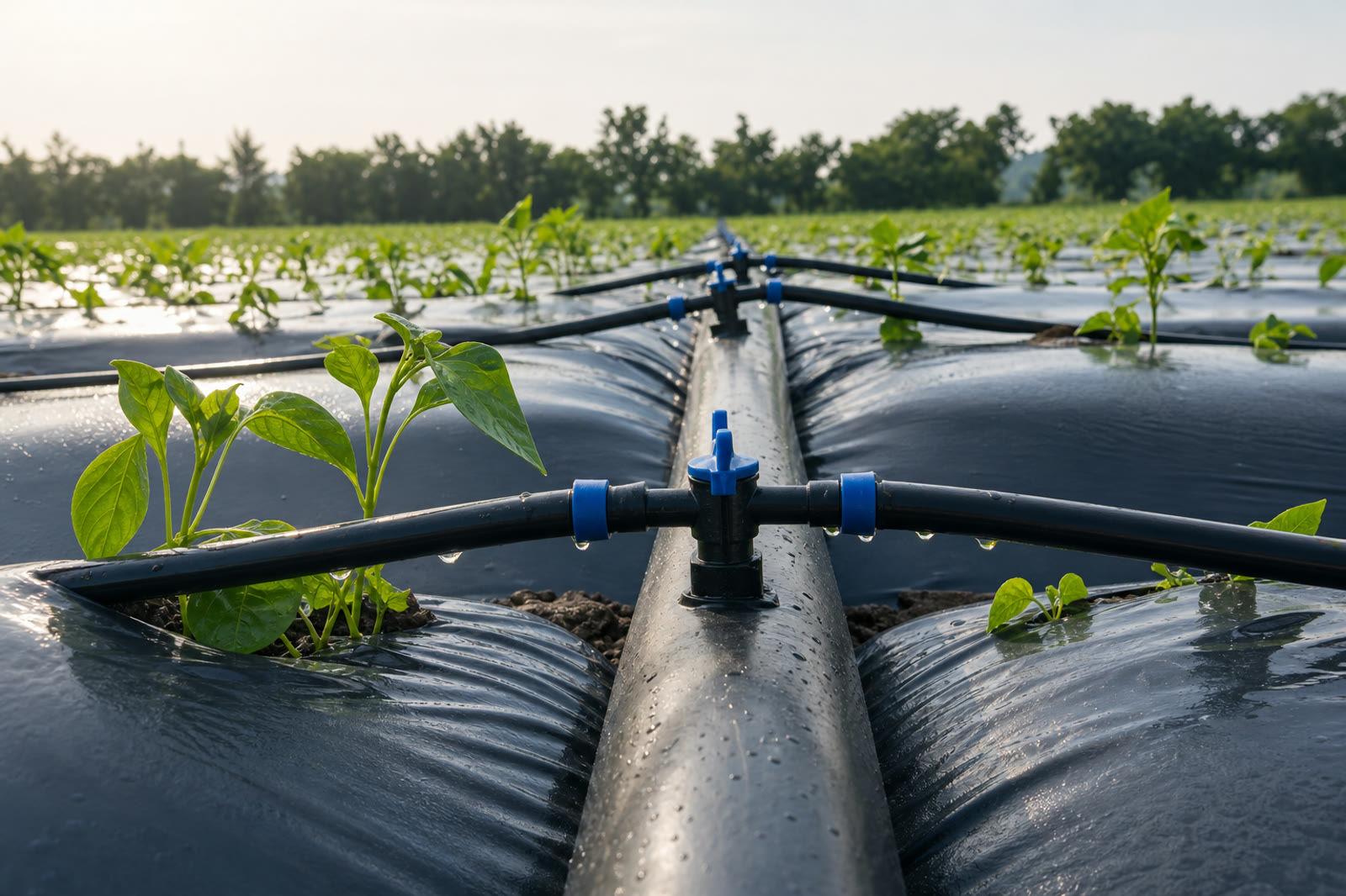 Inline drip irrigation tape system installed for commercial row crops