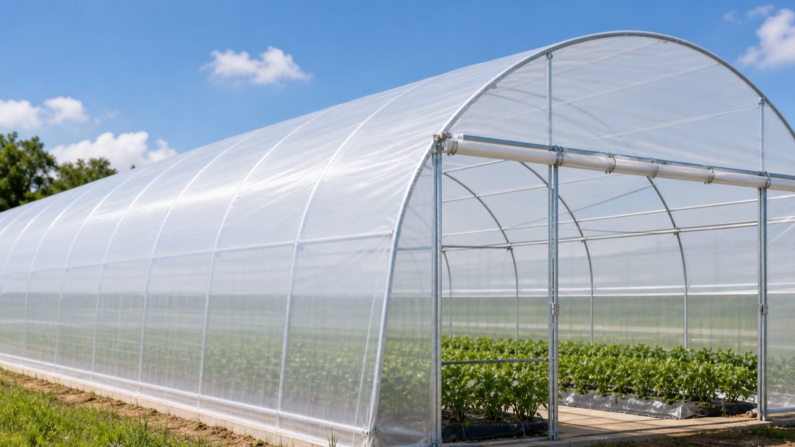 Transparent PE greenhouse film installed on a commercial greenhouse