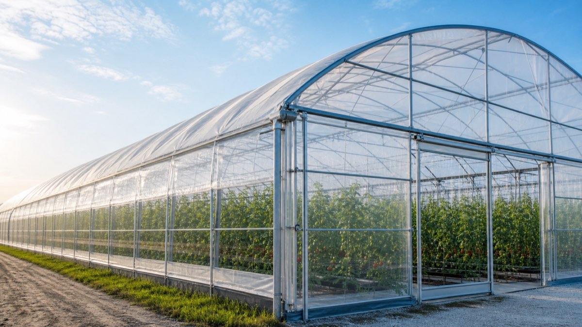 Transparent PO greenhouse film installed on a modern commercial greenhouse