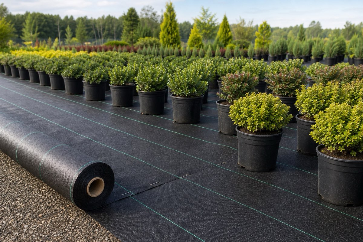 Black PP woven ground cover used in a professional plant nursery