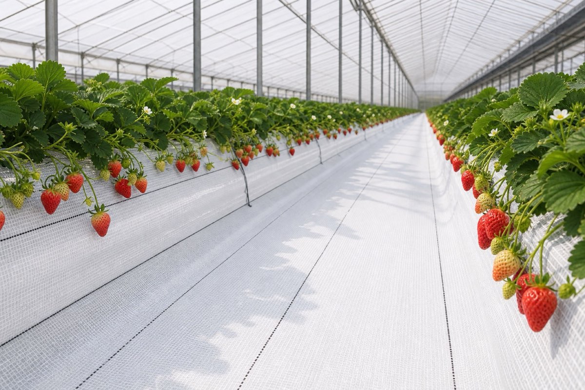 White PE reflective ground cover installed inside a professional greenhouse